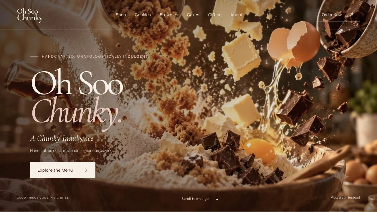 Oh Soo Chunky homepage with editorial typography and floating chocolate, butter and cookie ingredients