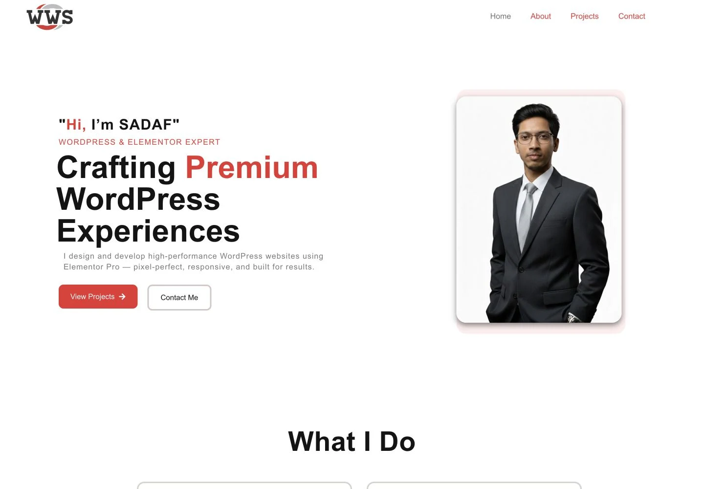Sadaf’s previous portfolio homepage, featuring web development services and a professional portrait